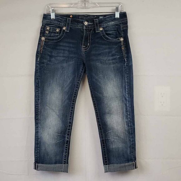 Miss Me Womens Easy Skinny Jeans Blue Cuffed Embroidered Dark Wash Mid-Rise 25 - Picture 6 of 15